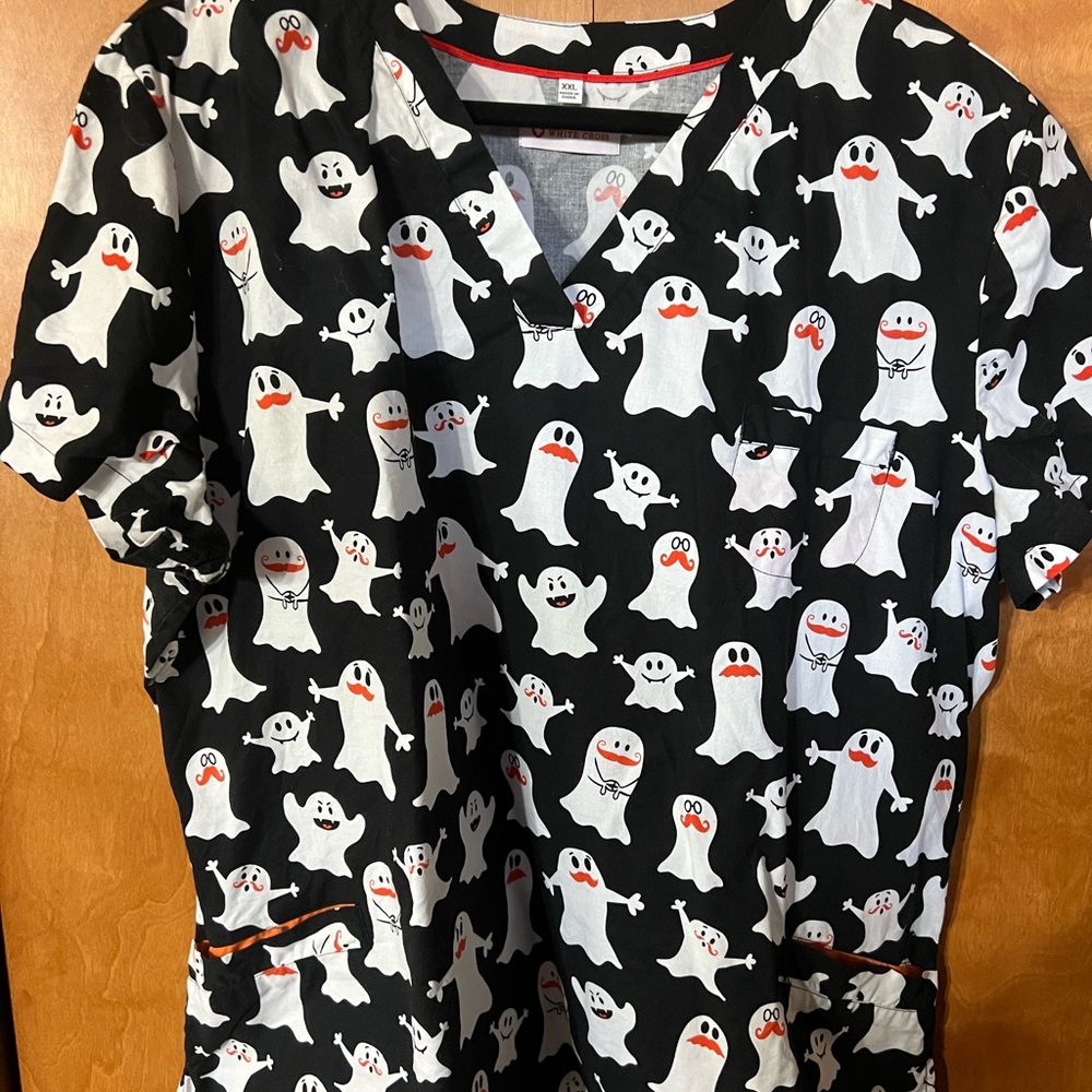 White Cross Halloween Ghost Scrub Top Size 2X